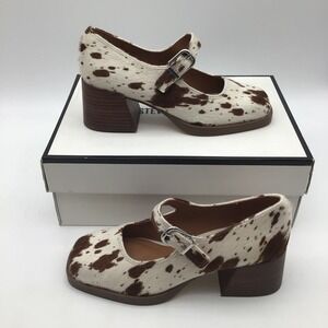 Steve Madden Lisbon-C Cow Print Mary Jane Block Heels Brown White Size 6 NEW